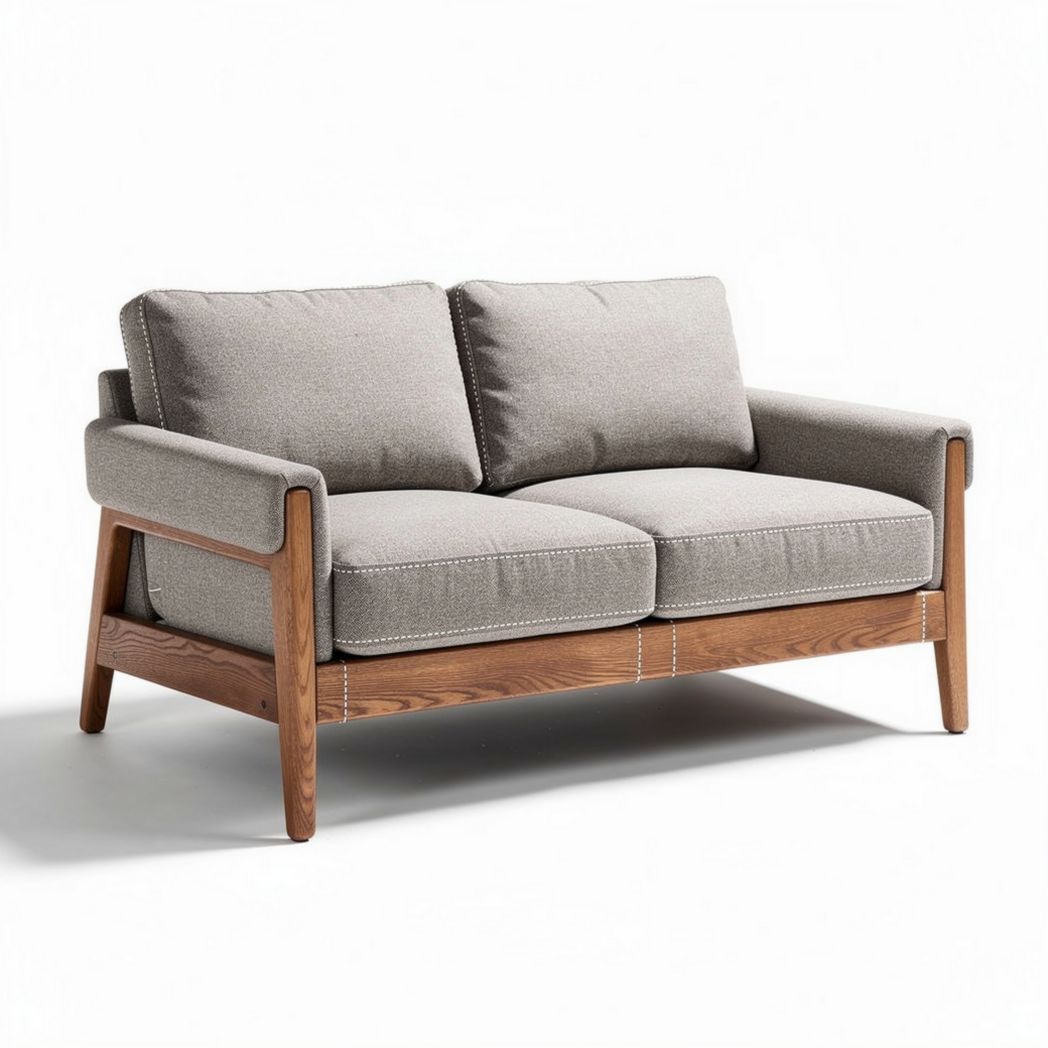 Zwei-Sitzer sofa aus grauem stoff mit holzgestell 150 x 80 x 70cm