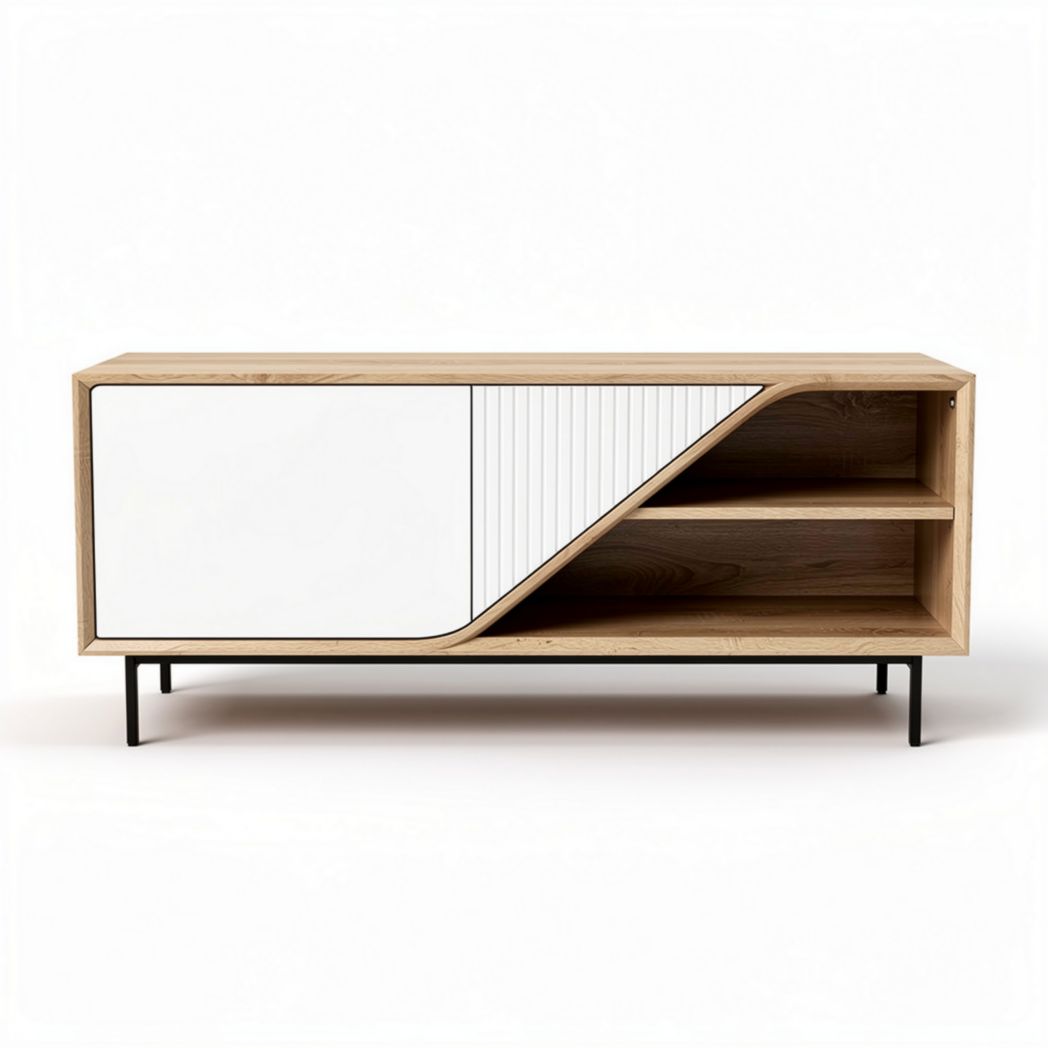 Fernsehtisch aus holz mit weißem schrank und offenen fächern 120 x 40 x 50cm