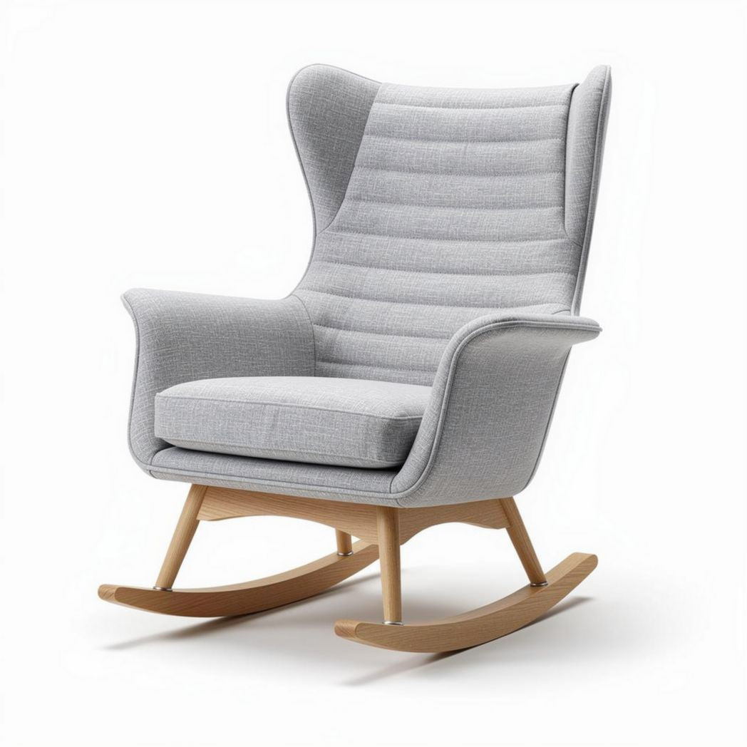 Schaukelstuhl aus grauem Stoff mit Holzkufen und ergonomischem Design