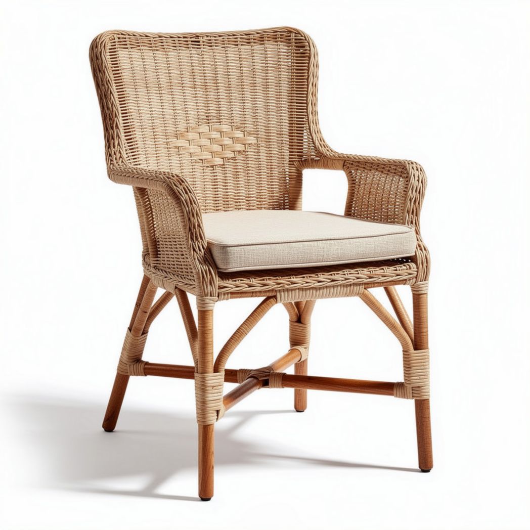 Stuhl aus geflochtenem rattan mit sitzkissen in beige 80 x 65 x 90cm